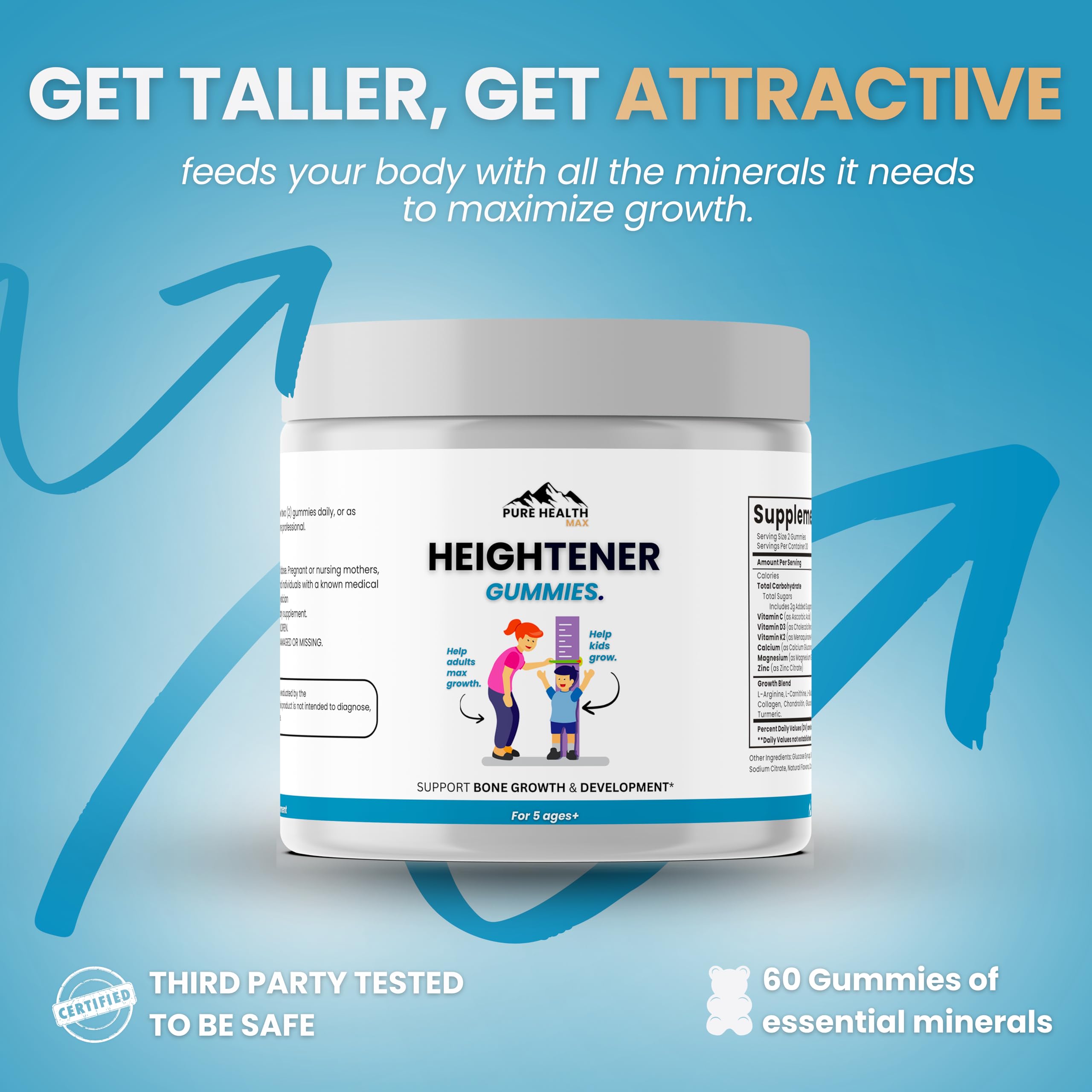 Heightener ingredients panel featuring calcium and zinc for bone health.