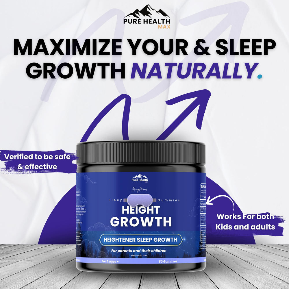 Pure Health Max Heightener kid-taking-gummy scene illustrating family-friendly nightly routine.