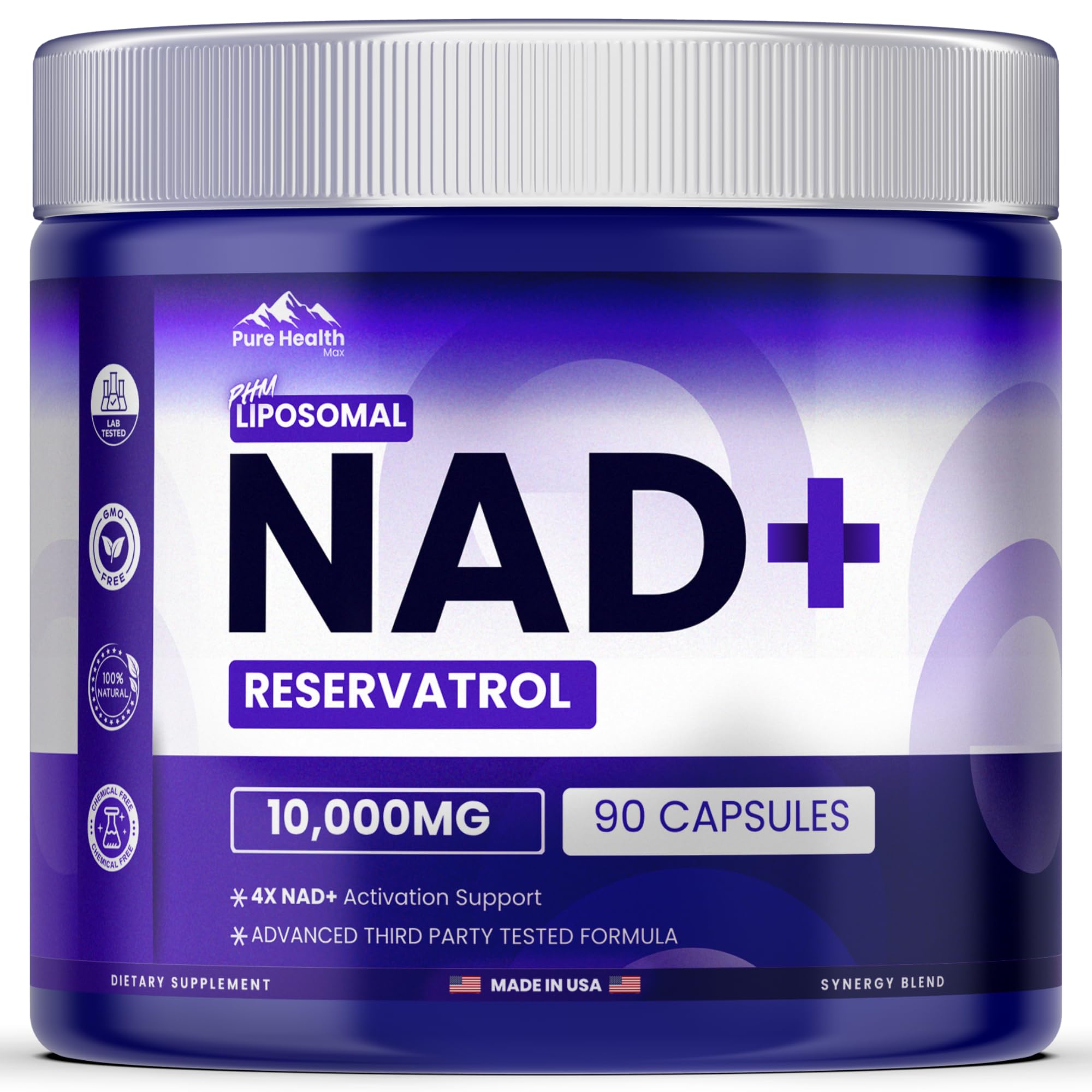 Pure Health Max PHM NAD Resveratrol bottle on a kitchen counter