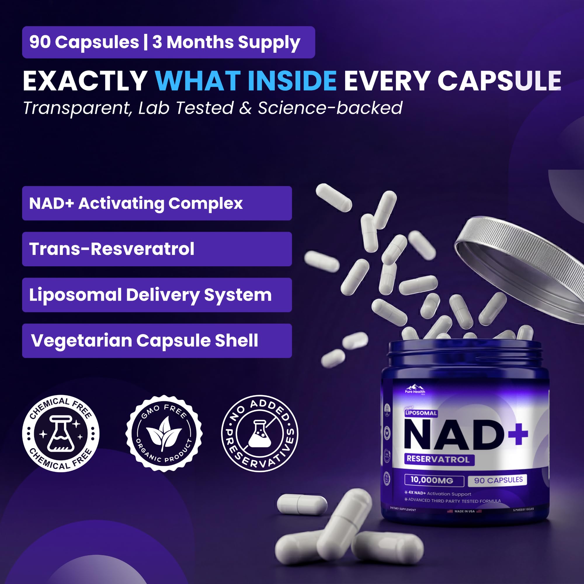 PHM NAD Resveratrol ingredient list highlighting NMN and NMNH