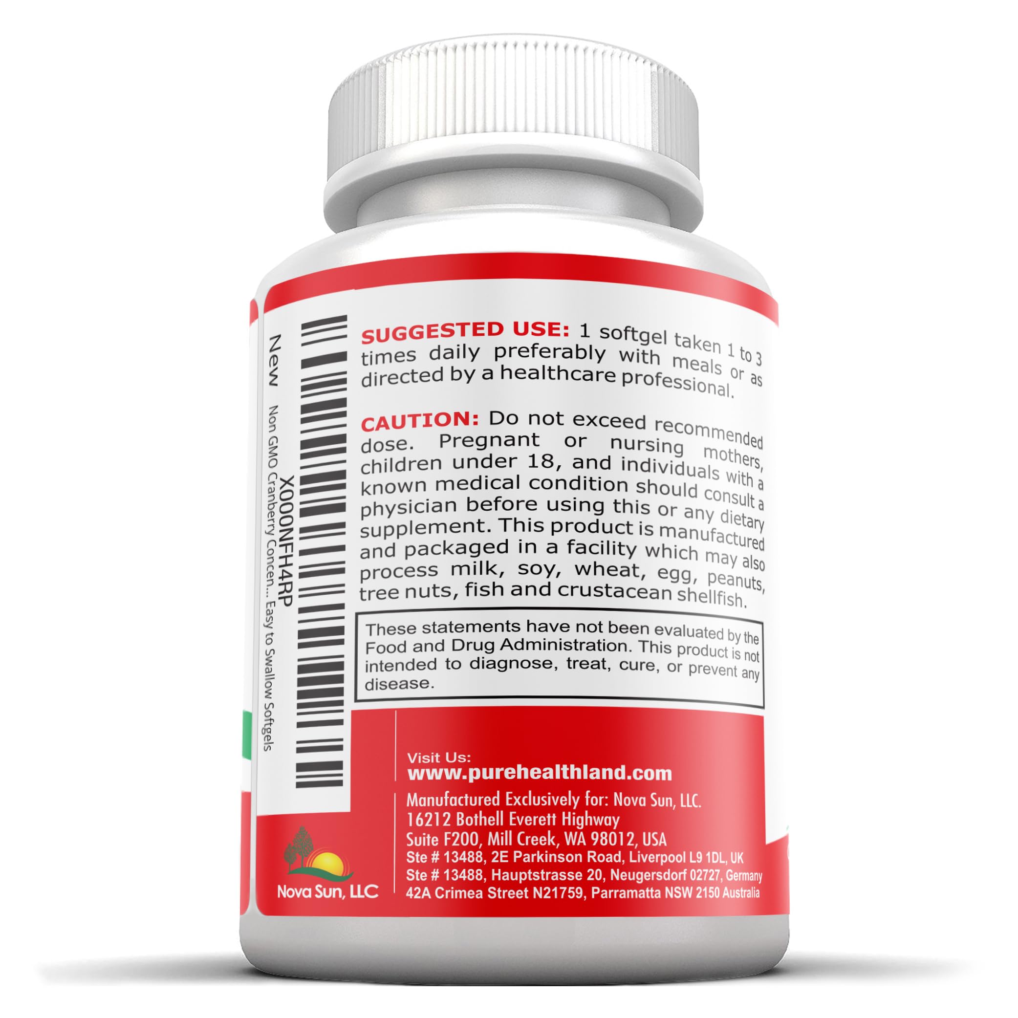 Pure Healthland cranberry extract 50:1, delivering high potency in a single softgel.