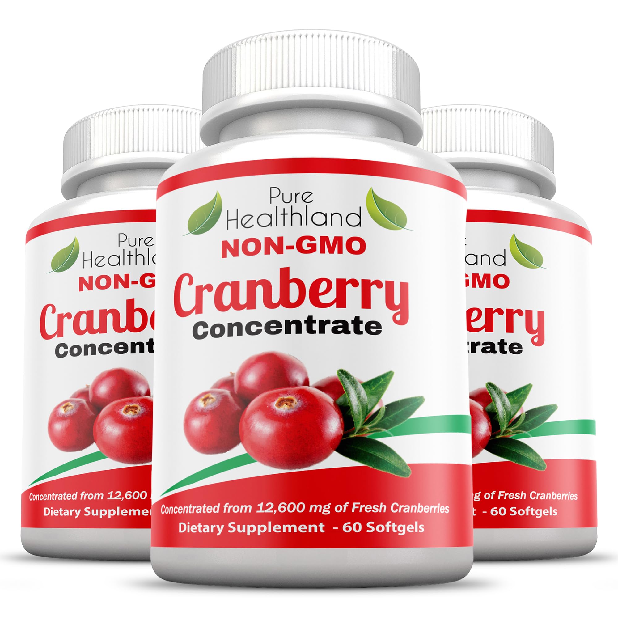 Pure Healthland cranberry softgels, small and easy to swallow for daily use.