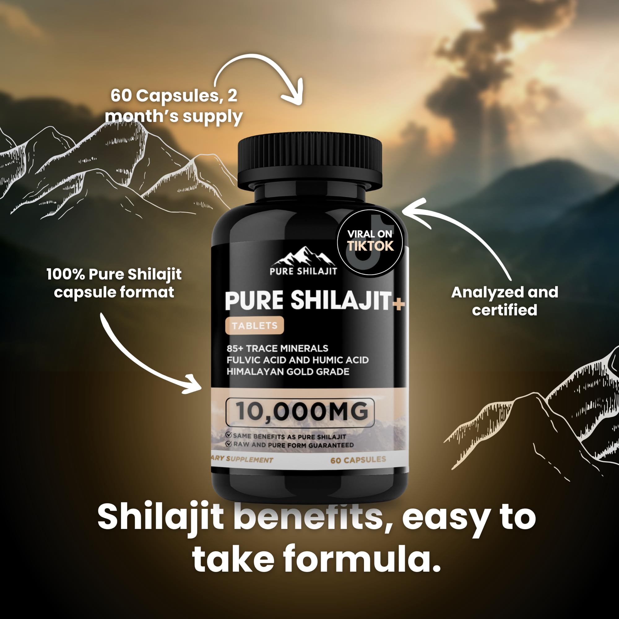 Label detail reveals fulvic minerals in Pure Himalayan Shilajit capsules.