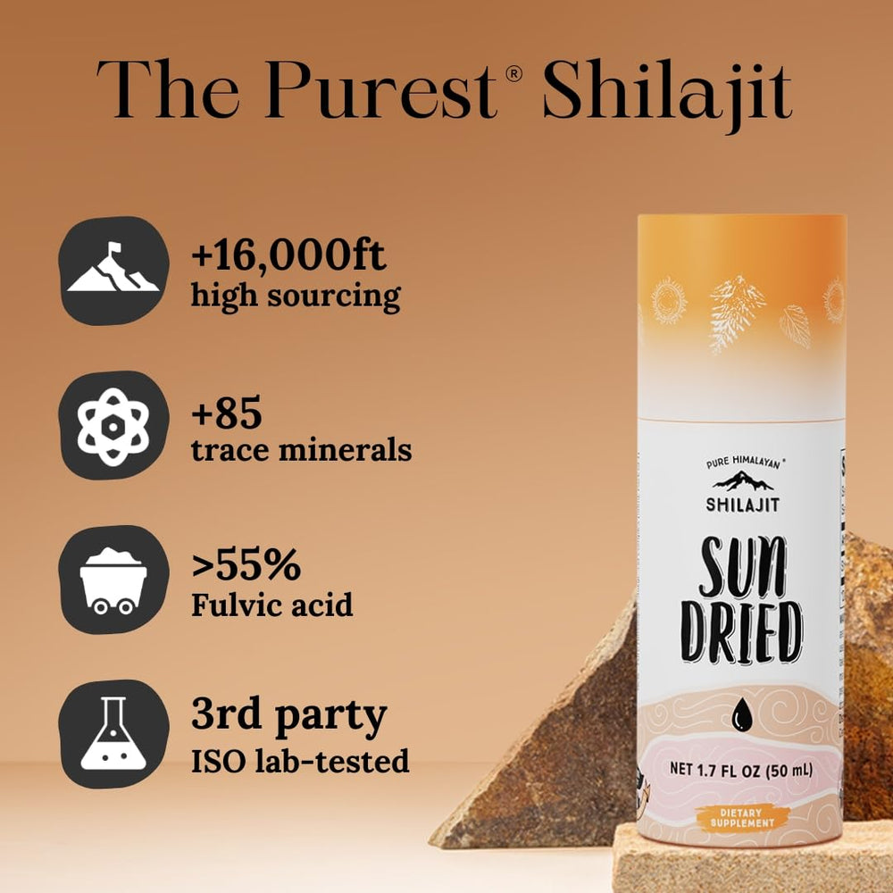 Pure Himalayan Shilajit packaging shows lab-tested safety badge.