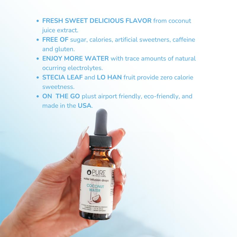 Pure Inventions Coconut Water Infusion Drops glass bottle emphasizes eco-friendly packaging.
