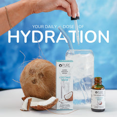 Pure Inventions Coconut Water Infusion Drops label closeup highlighting coconut flavor.