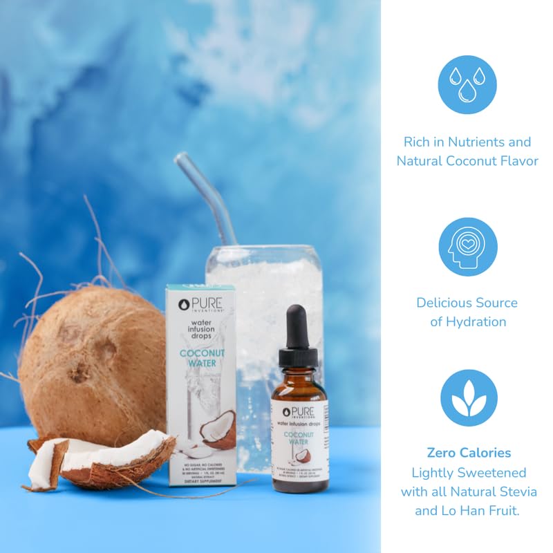 Pure Inventions Coconut Water Infusion Drops pour into glass water for electrolyte boost.