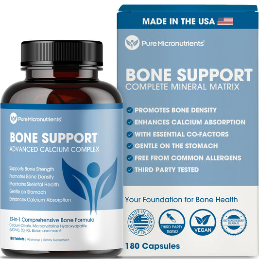 Pure Micronutrients calcium bone support bottle showing easy-to-swallow tablets for daily bone care
