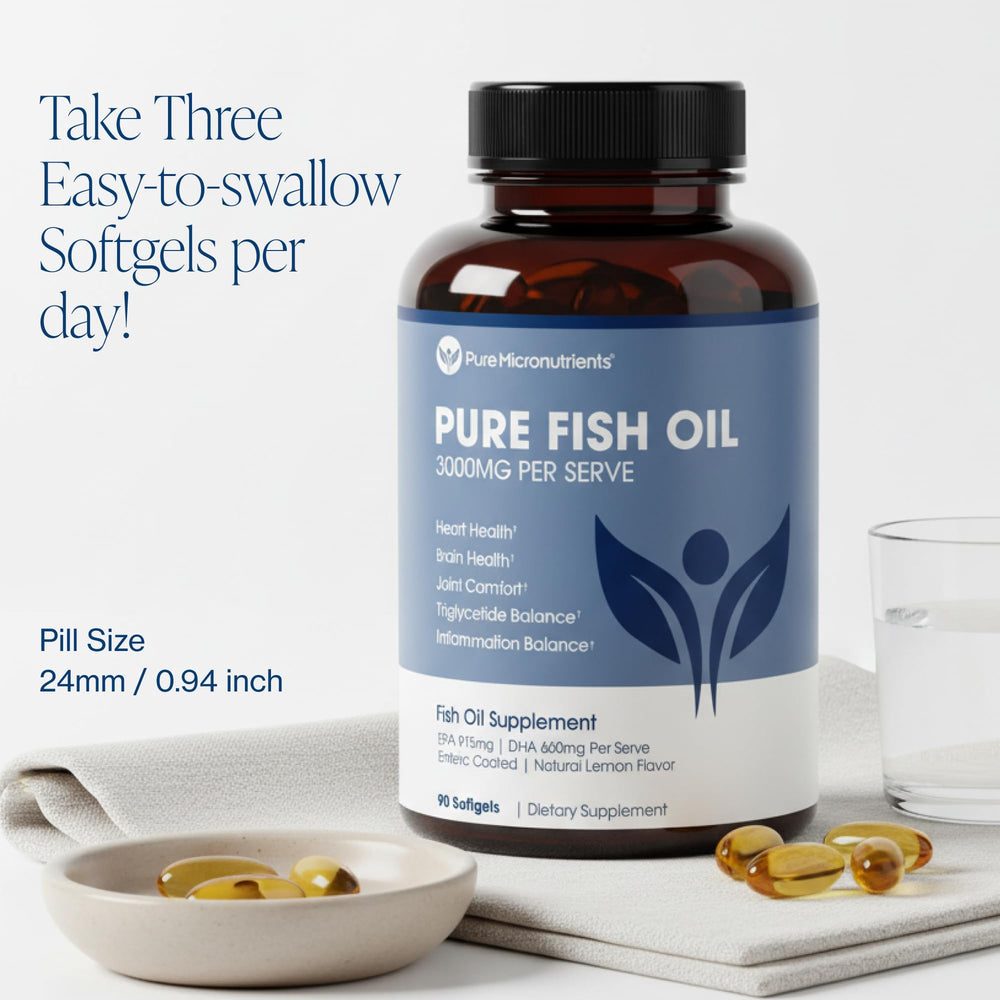 Pure Micronutrients Omega-3 softgels held in hand for on-the-go use