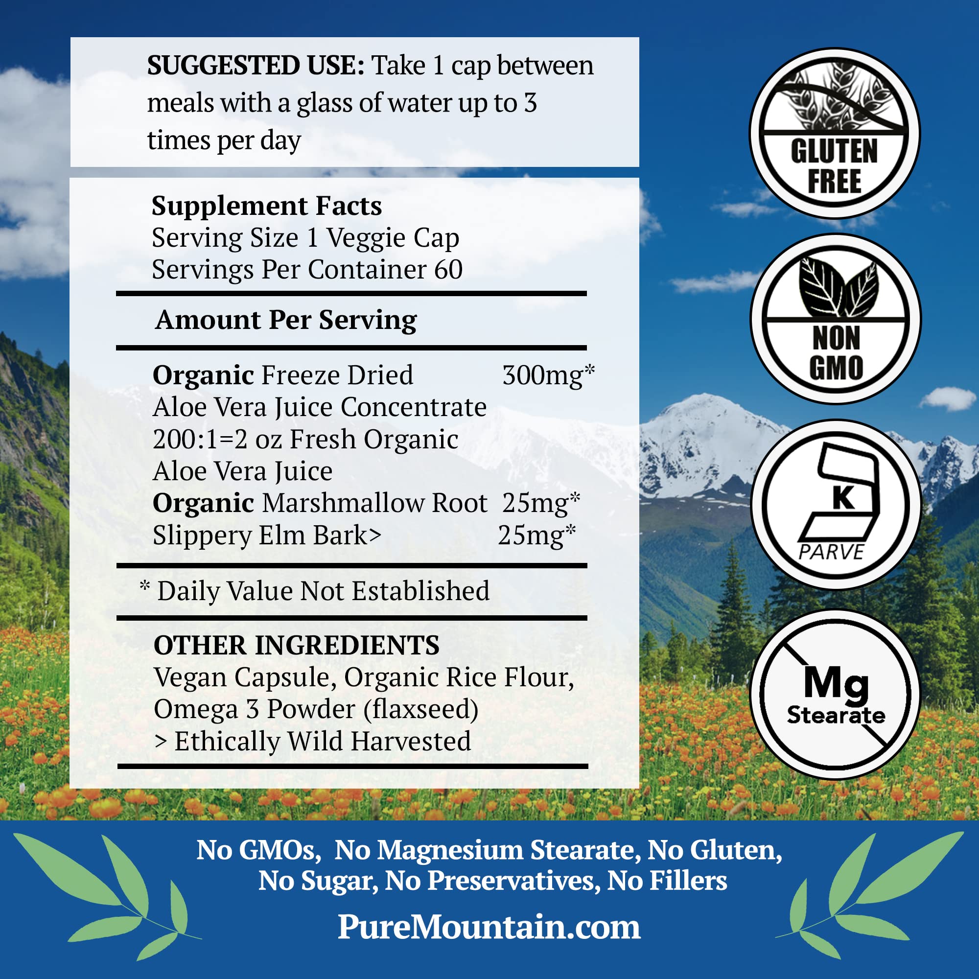 Label close-up on Pure Mountain Botanicals Aloe Vera Plus highlights organic ingredients for daily clean routine.