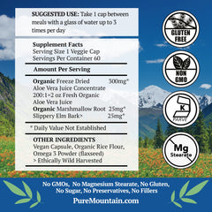 Label close-up on Pure Mountain Botanicals Aloe Vera Plus highlights organic ingredients for daily clean routine.