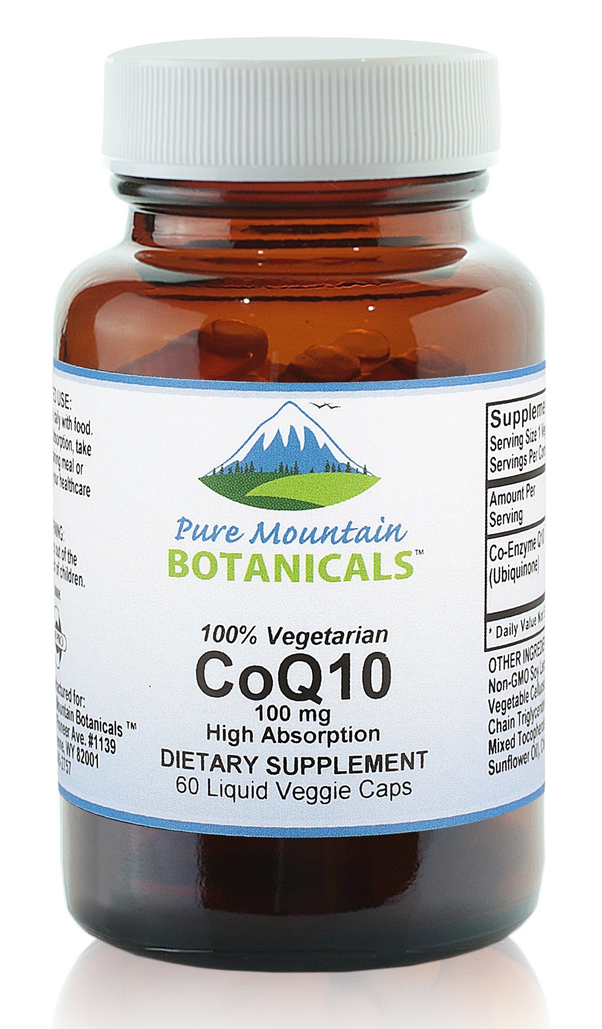 Pure Mountain Botanicals CoQ10 softgel bottle front for daily wellness.