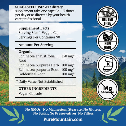 Pure Mountain Botanicals capsules in bottle emphasize additive-free daily use.