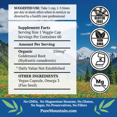 Pure Mountain Botanicals Goldenseal capsules bottle closeup showing 250 mg potency.