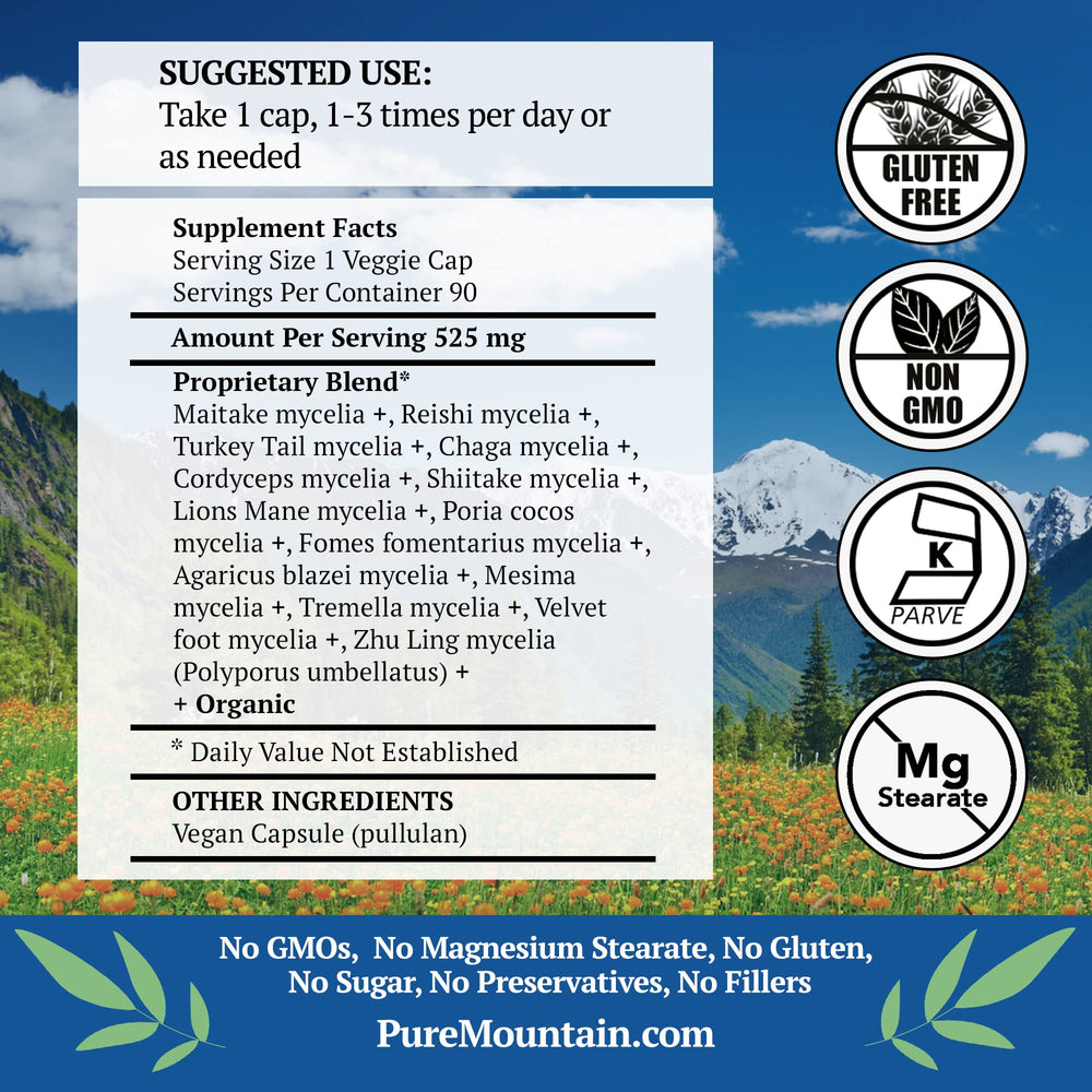 Pure Mountain Botanicals Mushroom Immune capsules close-up showing kosher vegan capsules