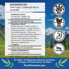Pure Mountain Botanicals Mushroom Immune capsules close-up showing kosher vegan capsules