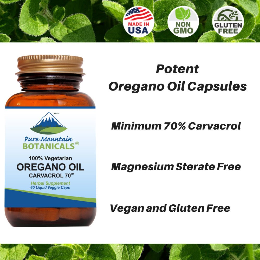 Pure Mountain Botanicals Oregano Oil bottle label close-up with carvacrol details