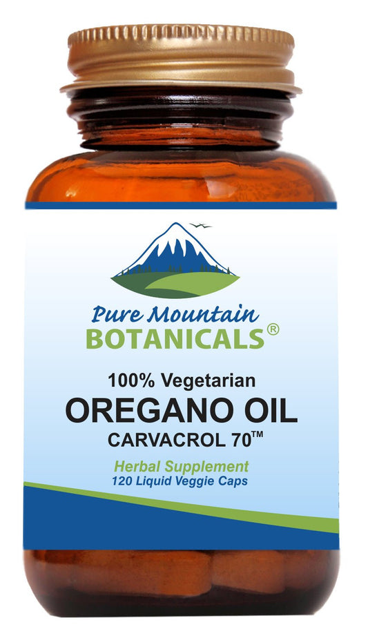 Pure Mountain Botanicals oregano oil capsules bottle for daily vegan supplement