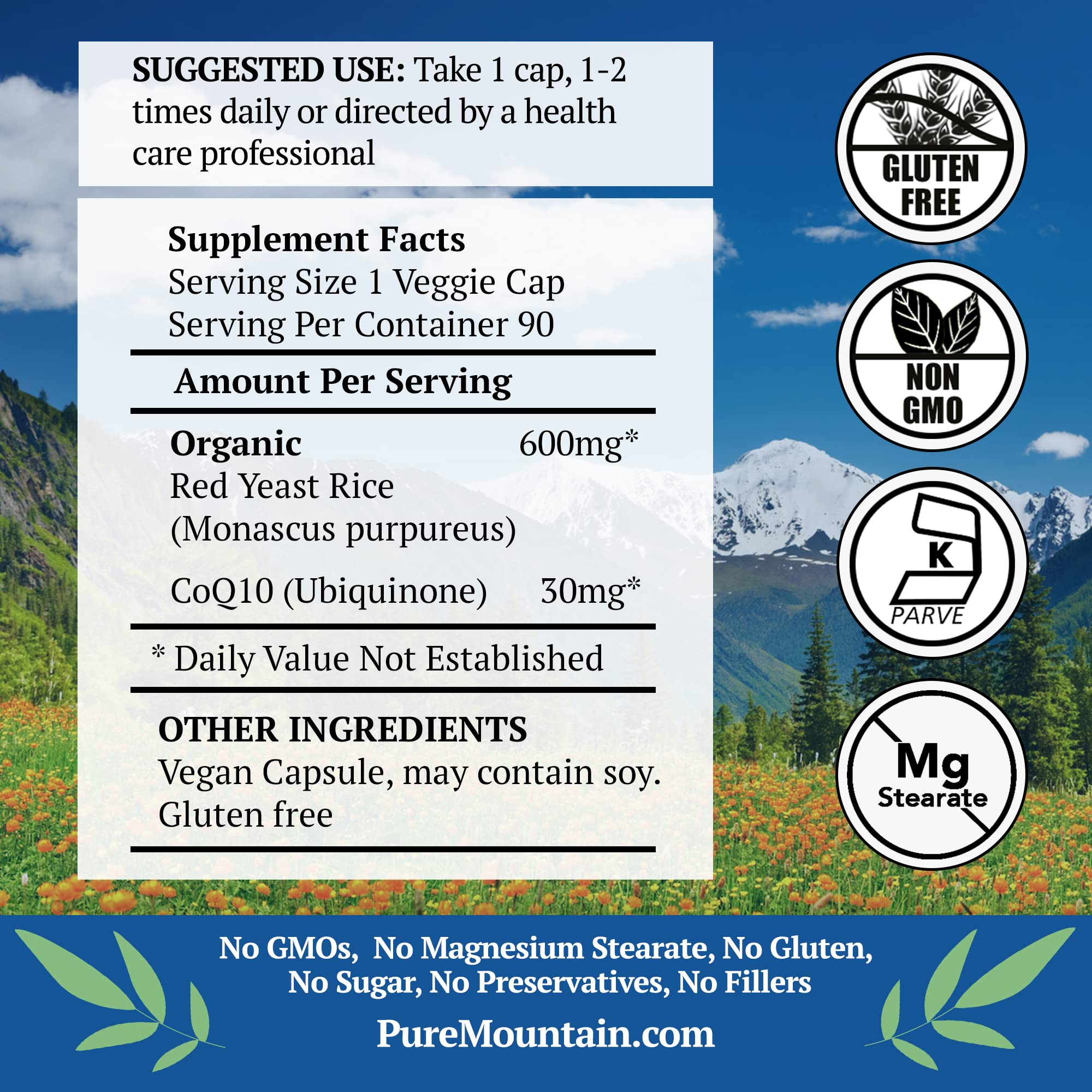 Pure Mountain Botanicals organic red yeast rice capsules close-up with clean label