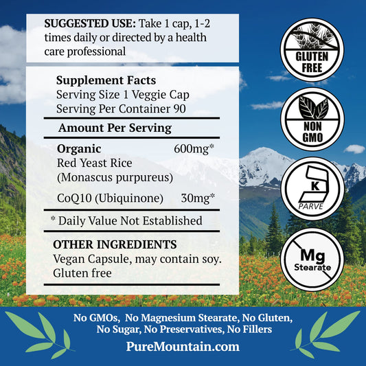Pure Mountain Botanicals organic red yeast rice capsules close-up with clean label
