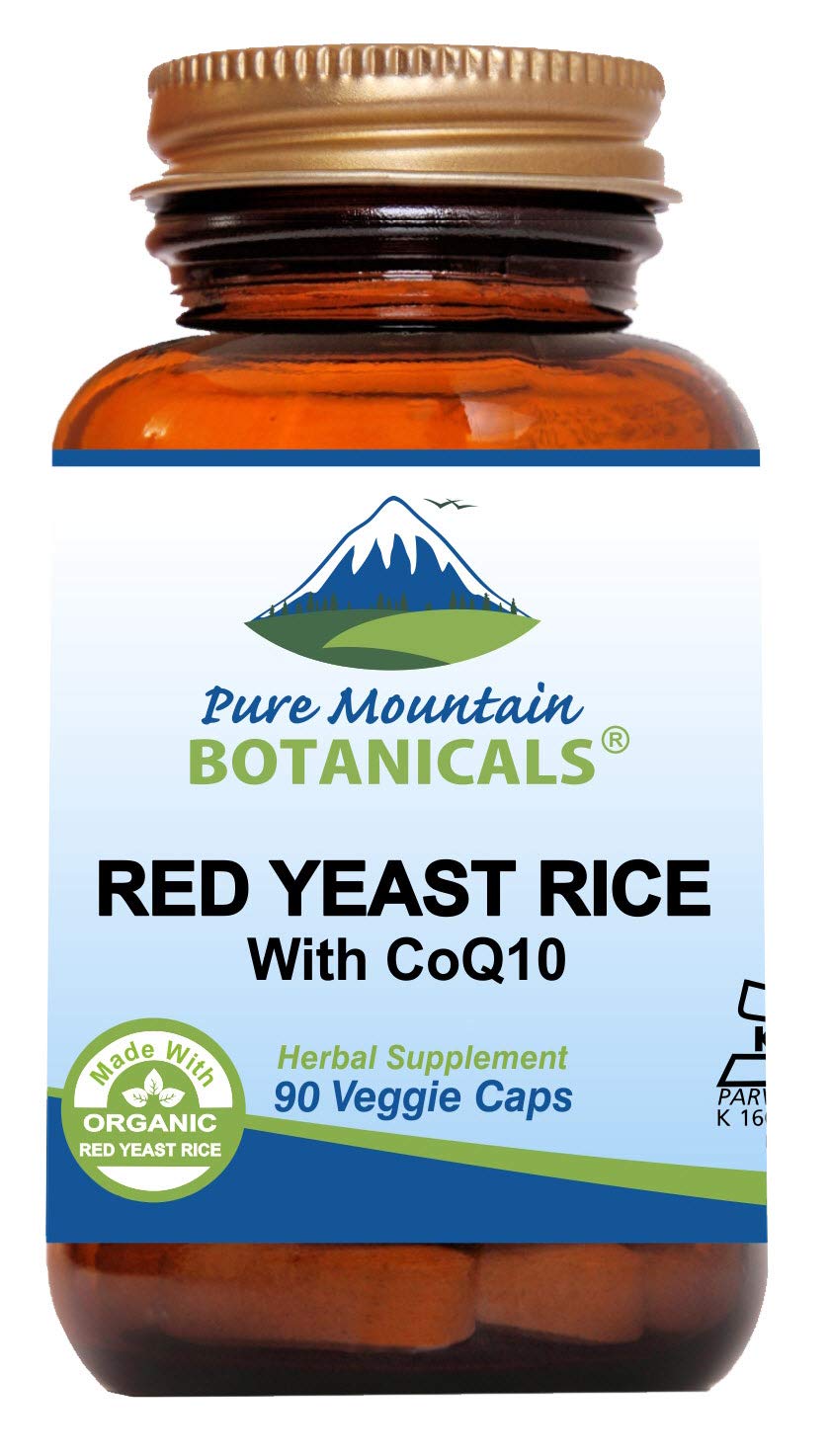 Pure Mountain Botanicals red yeast rice with CoQ10 bottle on countertop for daily use