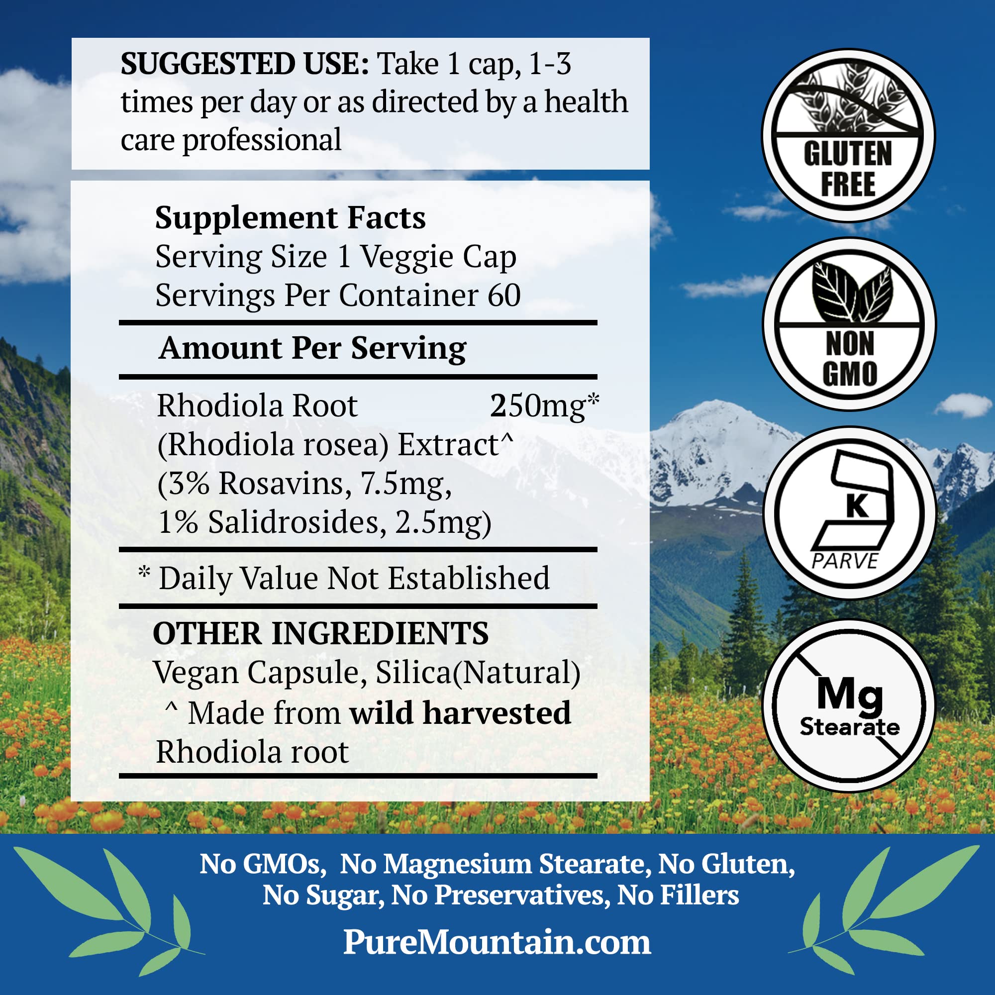 Close-up of Pure Mountain Botanicals Rhodiola capsules showing clean formula.