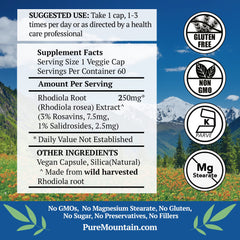 Close-up of Pure Mountain Botanicals Rhodiola capsules showing clean formula.