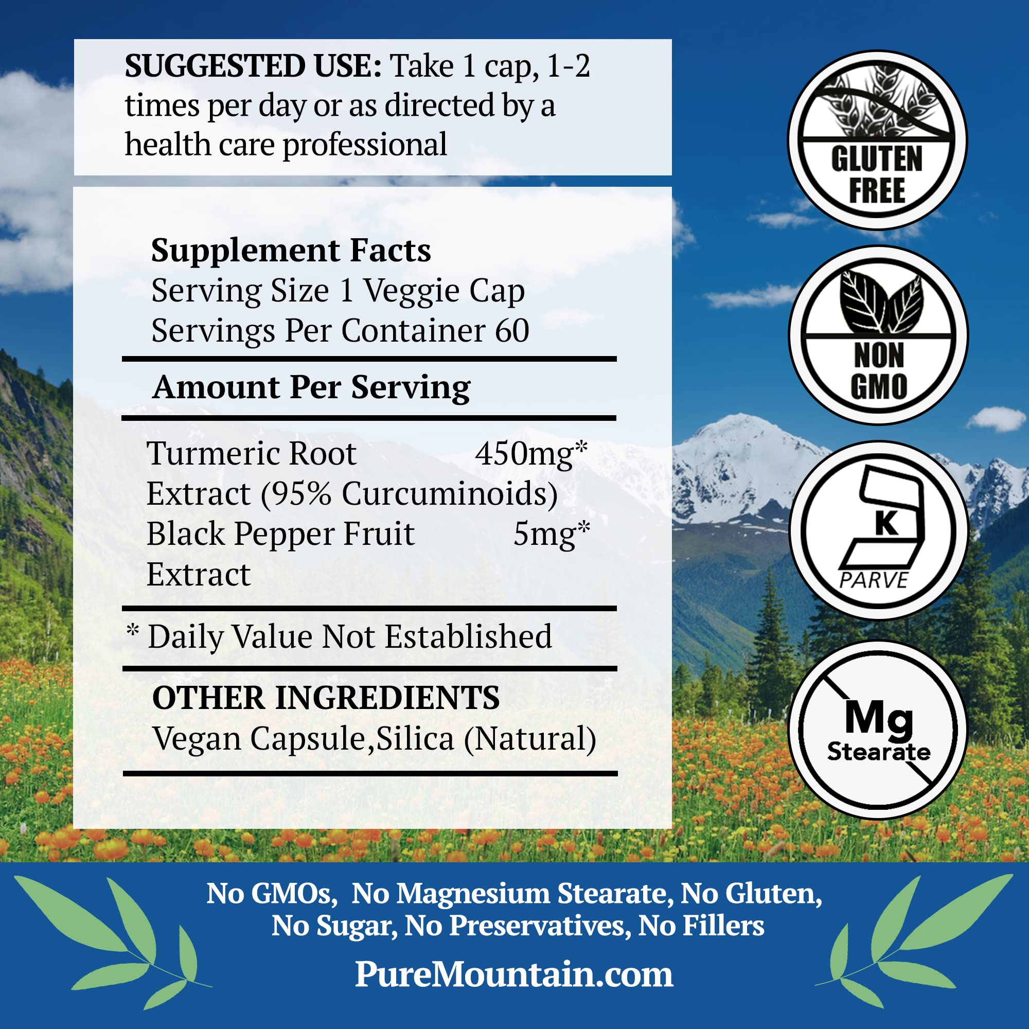Pure Mountain Botanicals turmeric capsules bottle side showing dosage details.