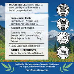 Pure Mountain Botanicals turmeric capsules bottle side showing dosage details.