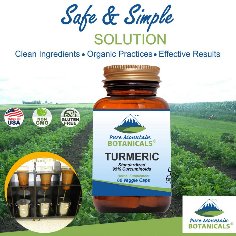 Pure Mountain Botanicals turmeric capsules label closeup with clean ingredients.