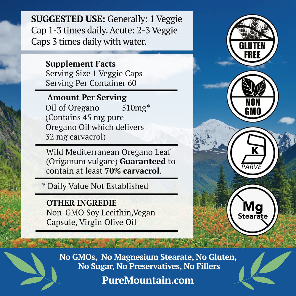 Pure Mountain Botanicals Wild Oregano Oil Capsules—close-up showing oil in capsules