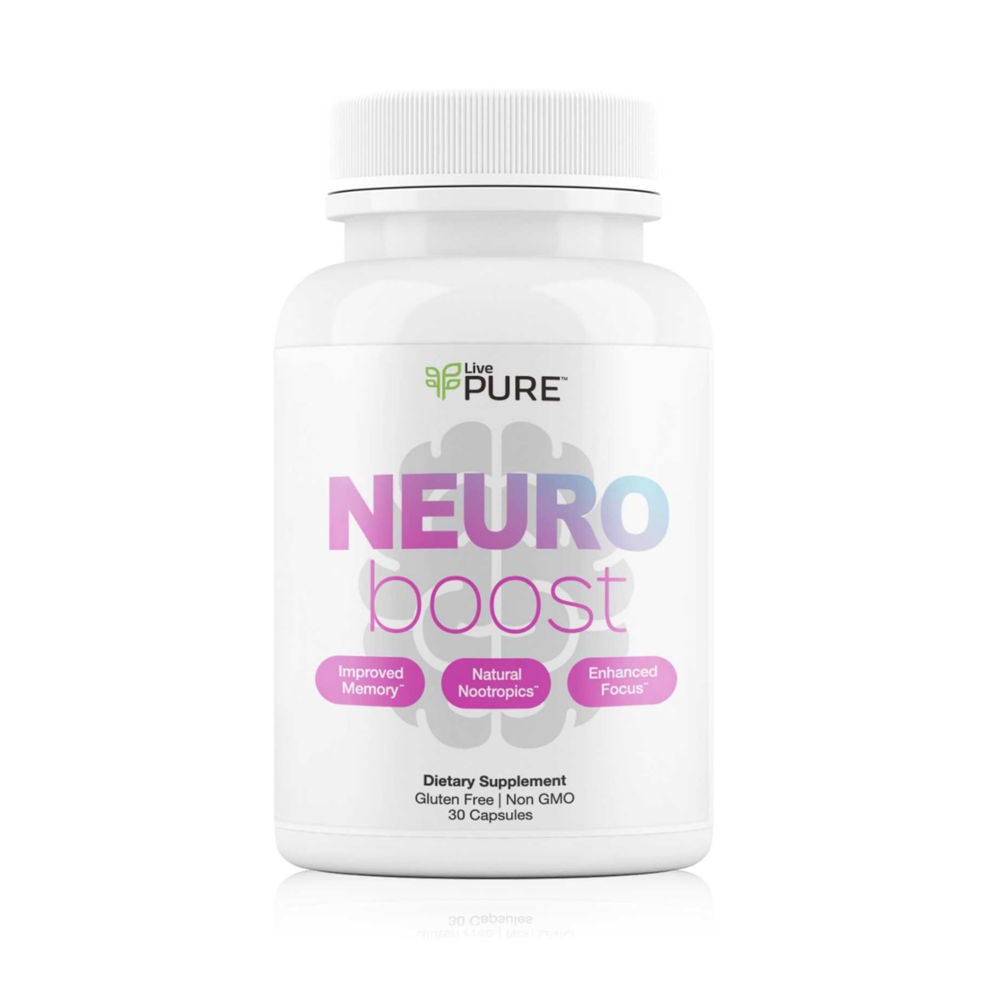 Pure Neuro Boost bottle label highlights the vegan brain health formula.