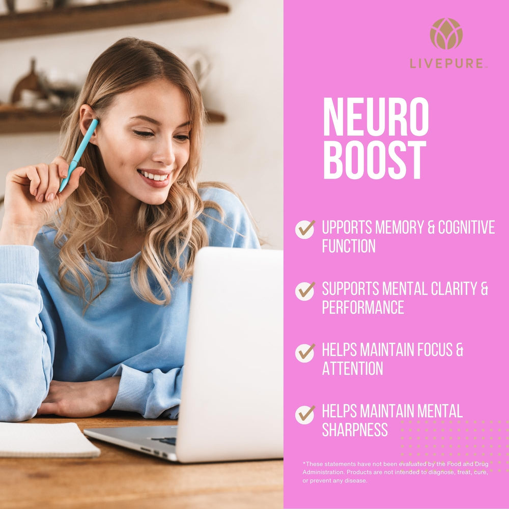 Pure Neuro Boost bottle beside morning items suggests routine use.