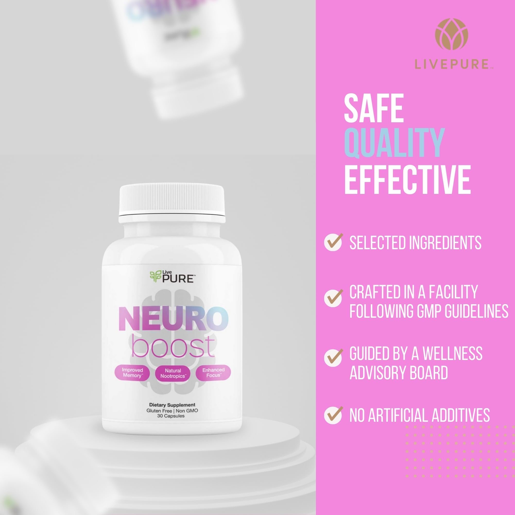 Pure Neuro Boost packaging box communicates vegan, non-GMO formulation.