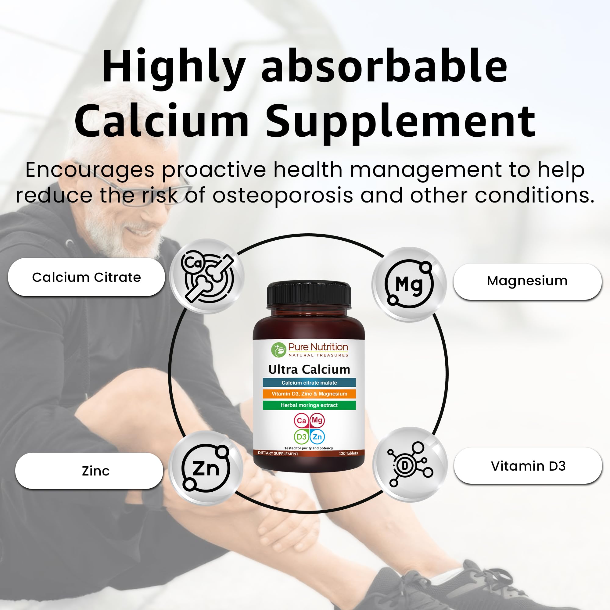Pure Nutrition Natural Treasures Ultra Calcium label emphasizing D3 and K2 for daily wellness