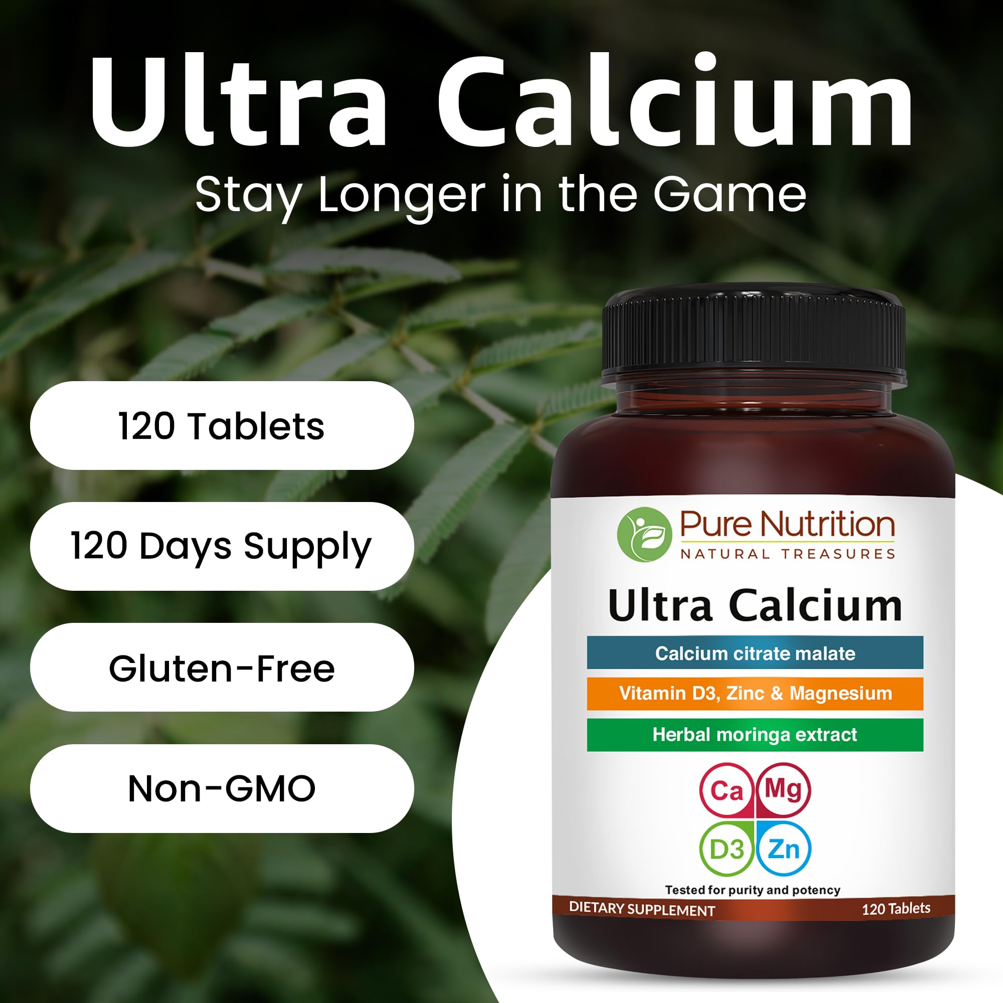Pure Nutrition Natural Treasures Ultra Calcium ingredient panel highlighting magnesium, zinc, and moringa