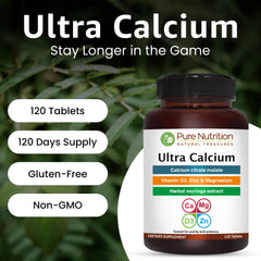 Pure Nutrition Natural Treasures Ultra Calcium ingredient panel highlighting magnesium, zinc, and moringa