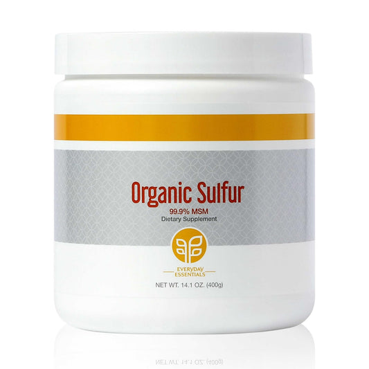 PURE Organic Sulfur Powder bottle front highlights MSM for joints and skin