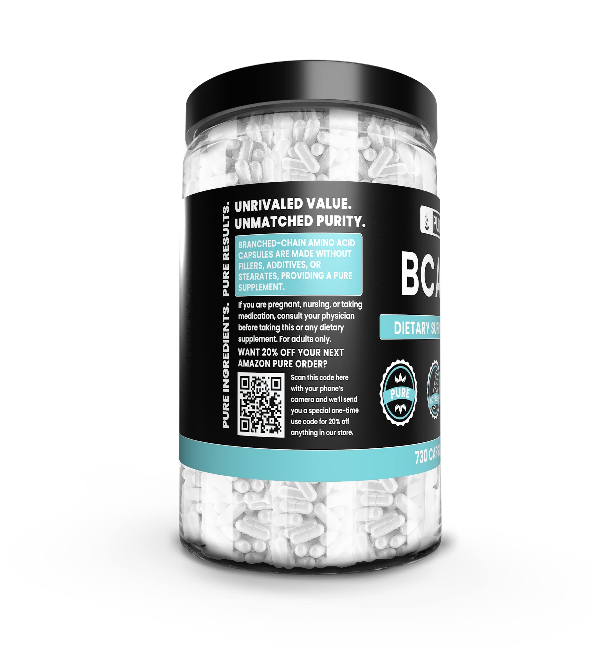 Pure Original Ingredients BCAA 730 capsules pack supports prolonged training days.