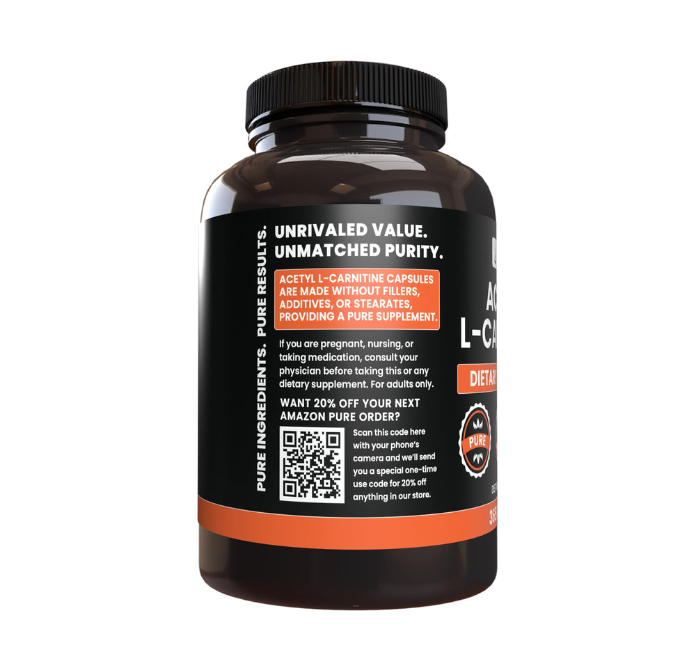 Pure Original Ingredients Acetyl L-Carnitine label view highlights a no-fillers formula.