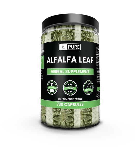 Pure Original Ingredients alfalfa leaf capsules bottle close-up for daily natural nutrition
