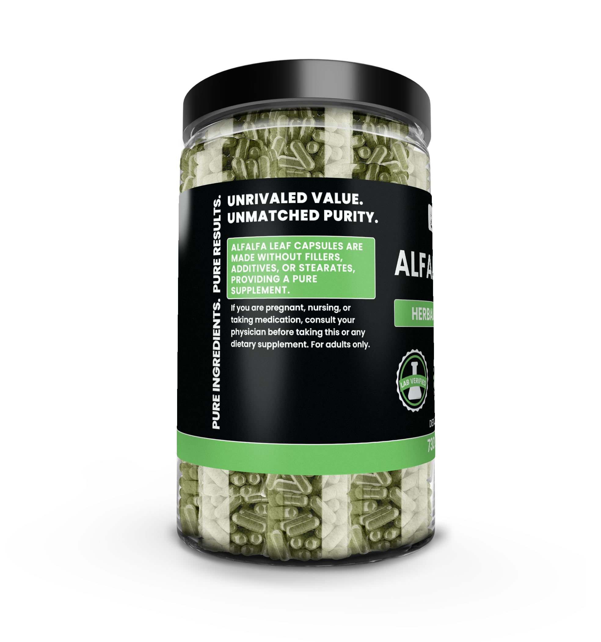 Pure Original Ingredients alfalfa leaf capsules being poured, highlighting a single-ingredient supplement