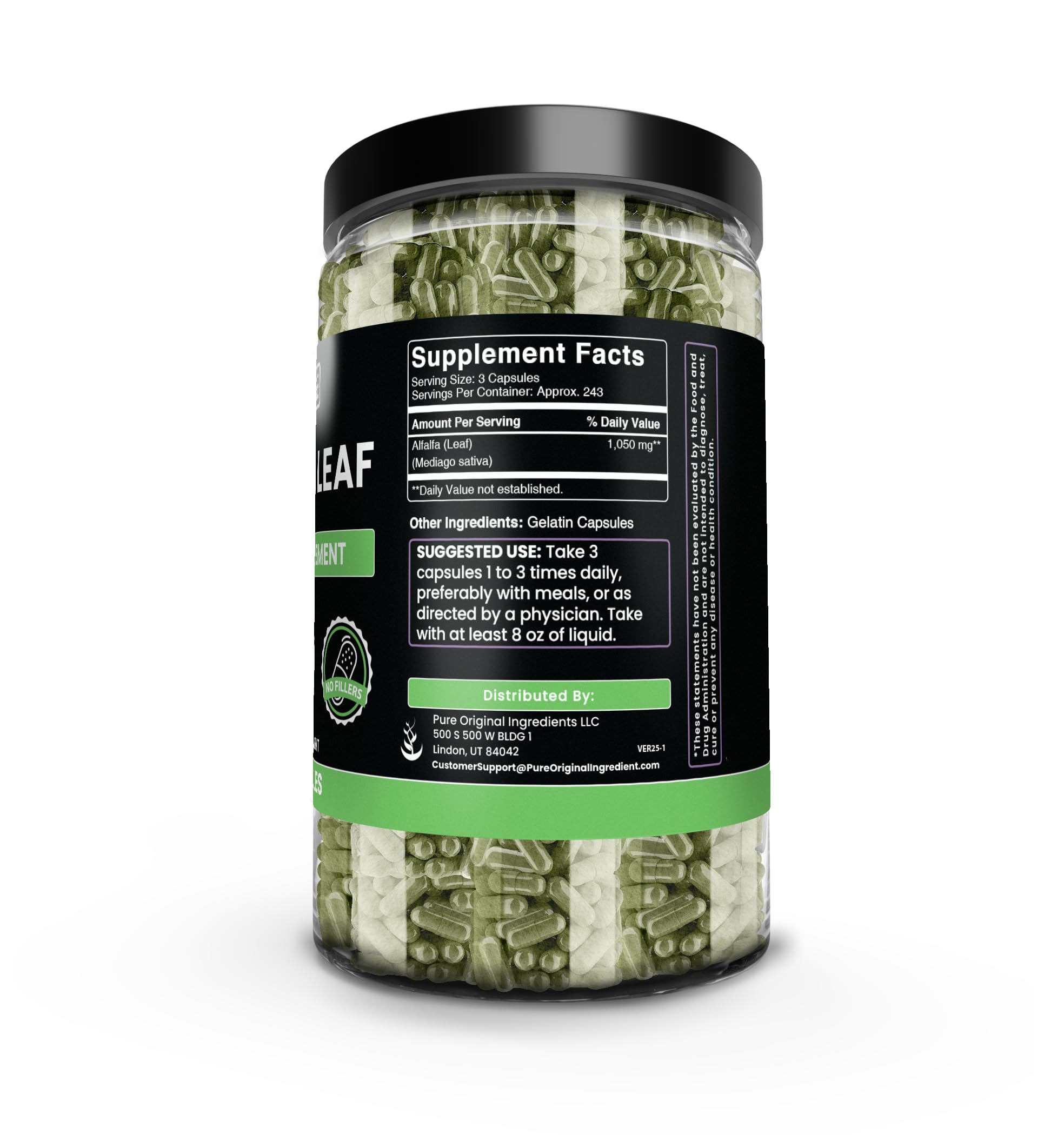 Pure Original Ingredients alfalfa leaf capsules on a kitchen counter ready for daily use