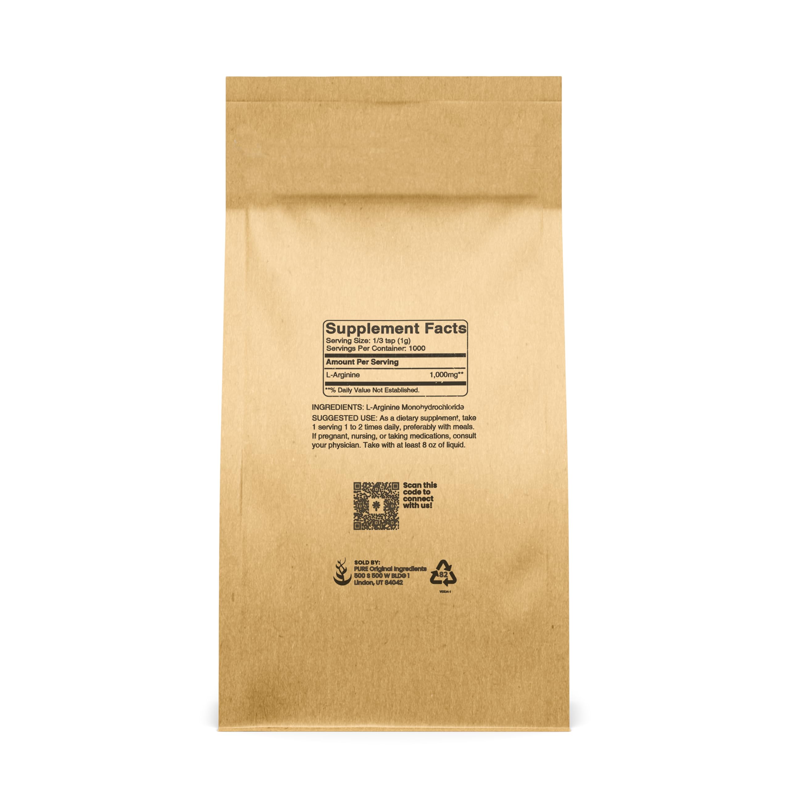Pure Original Ingredients L-Arginine label closeup, single-ingredient purity with no fillers