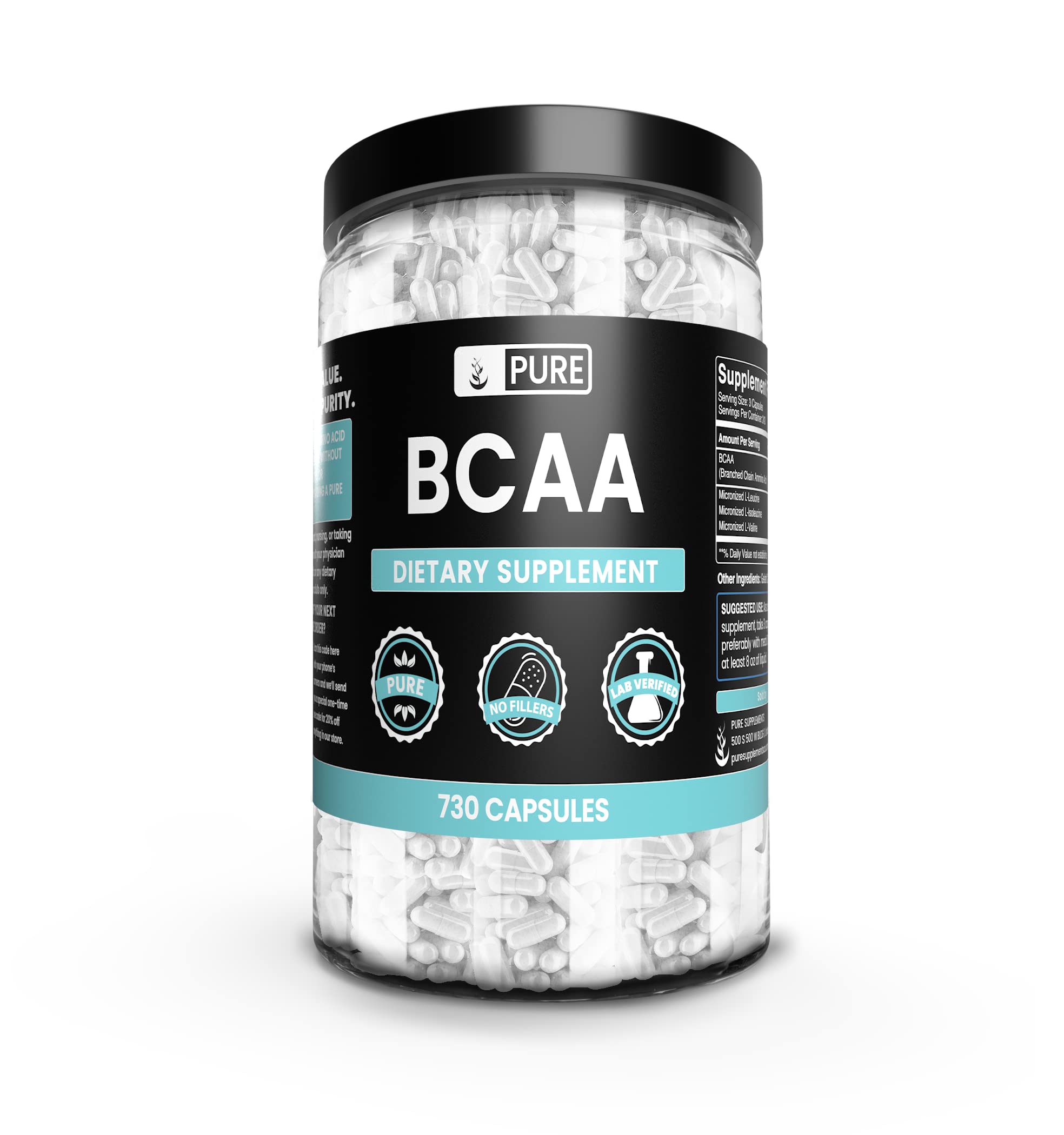 Pure Original Ingredients BCAA capsules in a clear bottle for clean amino acid support.