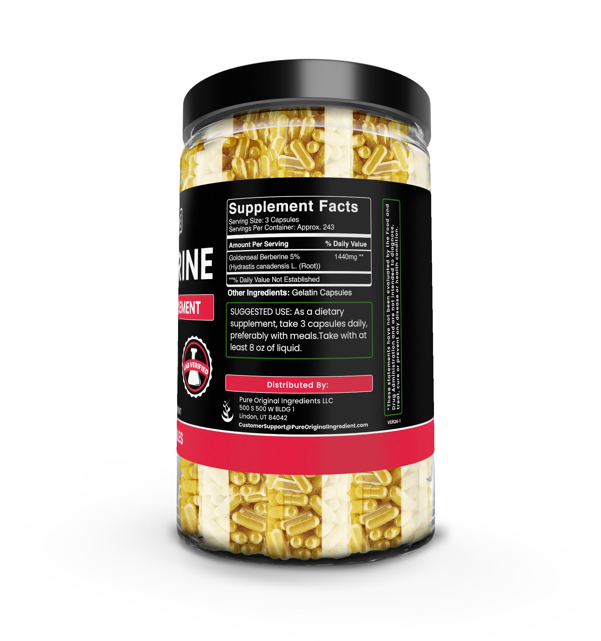 PURE ORIGINAL INGREDIENTS Berberine capsule label close-up highlights no fillers