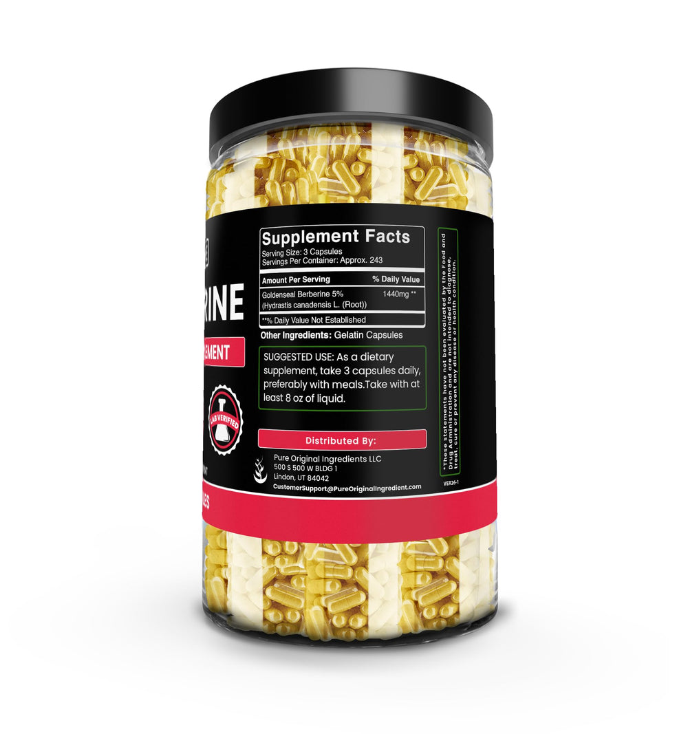PURE ORIGINAL INGREDIENTS Berberine capsule label close-up highlights no fillers