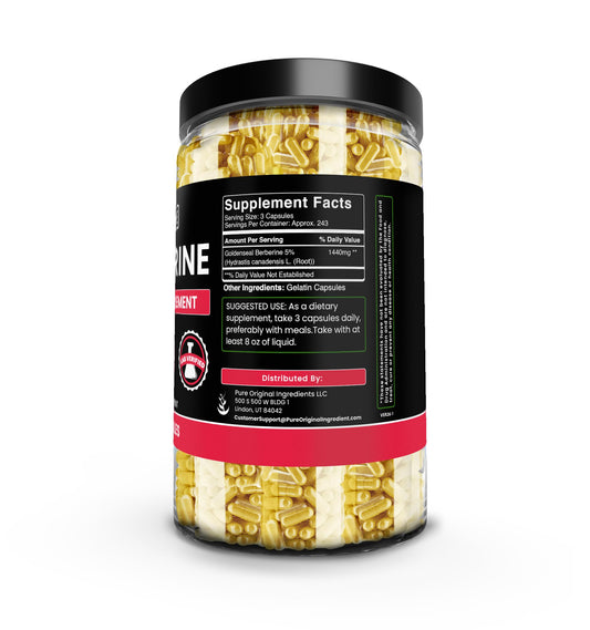PURE ORIGINAL INGREDIENTS Berberine capsule label close-up highlights no fillers