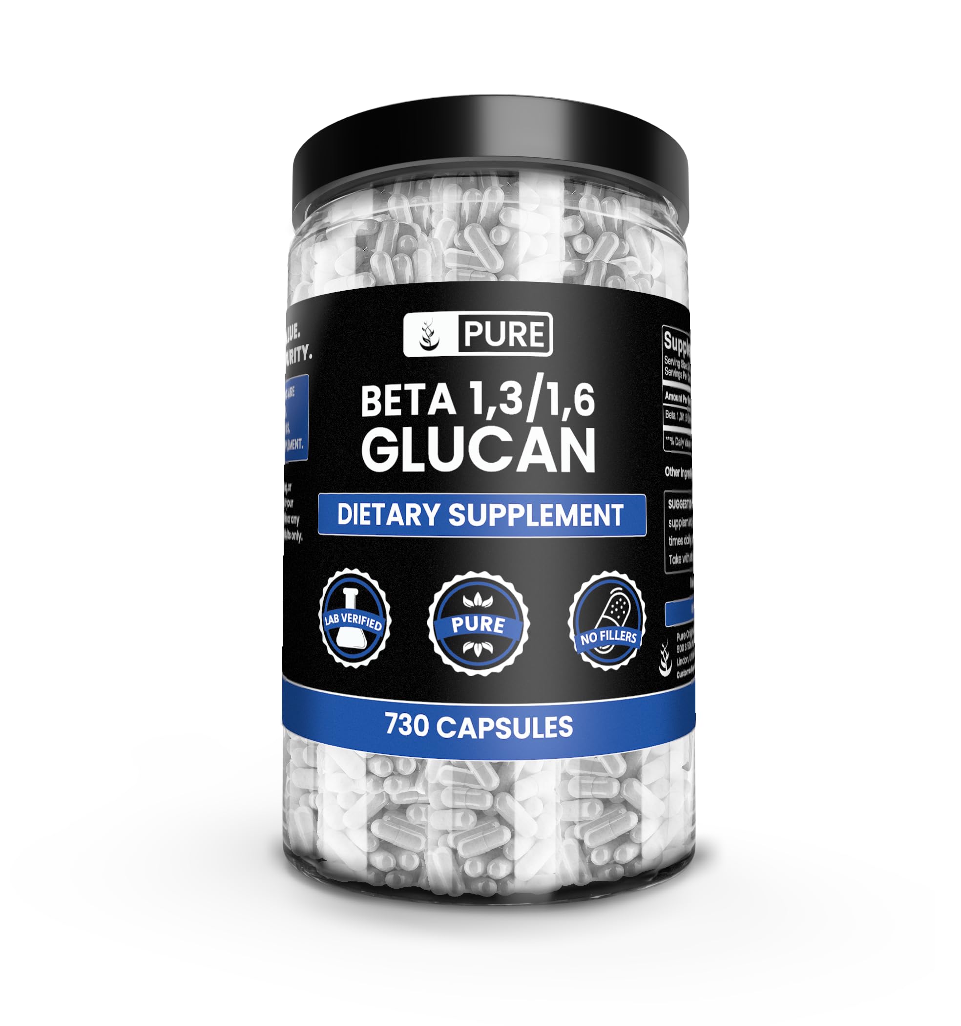 Pure Original Ingredients Beta Glucan bottle close-up for daily wellness routine.