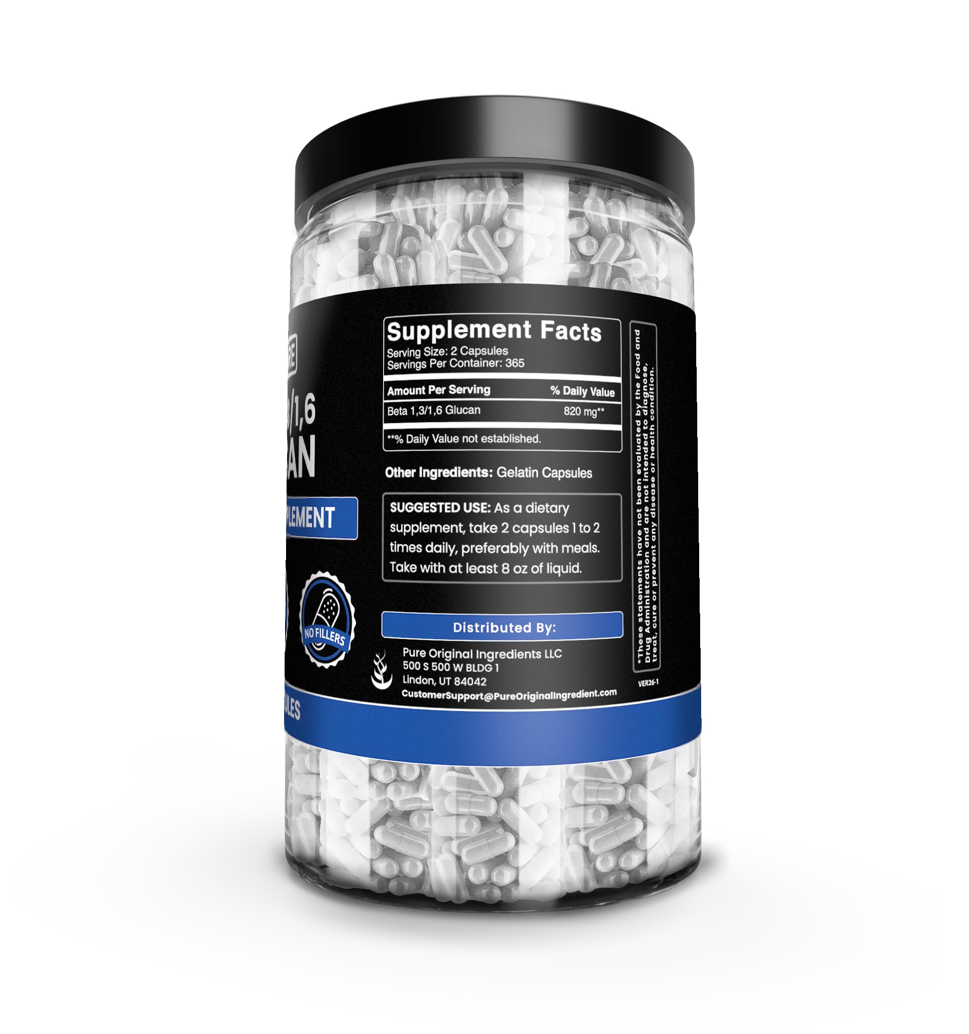 Pure Original Ingredients Beta Glucan capsules spill on table, showing purity in each dose.